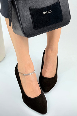 Szpilki skórzane welurowe z noskiem w szpic brązowe