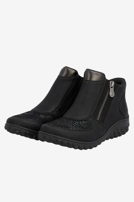 Czarne botki z ekoskóry  płaskie na zamek Rieker