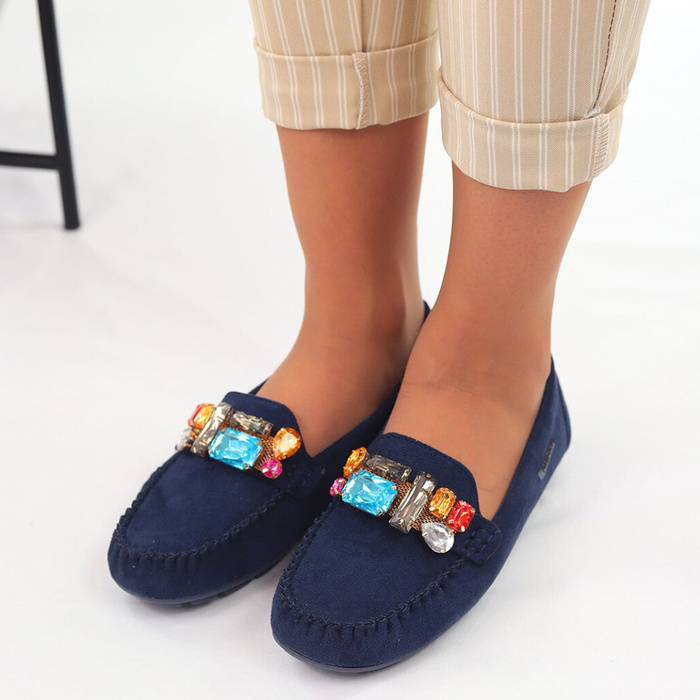 Темно-сині замшеві мокасини з кристалами Vinceza