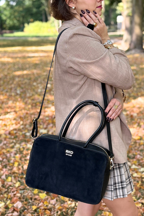 Duża czarna torebka ze skóry welurowej i licowej Ryłko