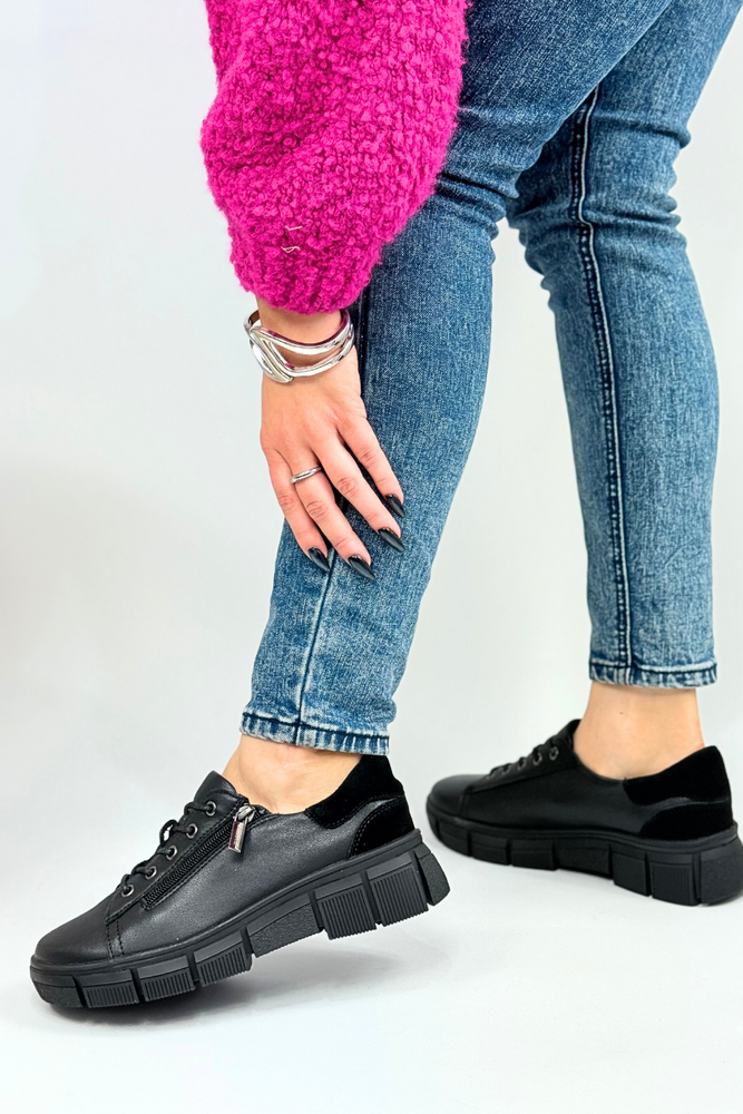 Półbuty skórzane czarne sznurowane z zamkiem na platformie 