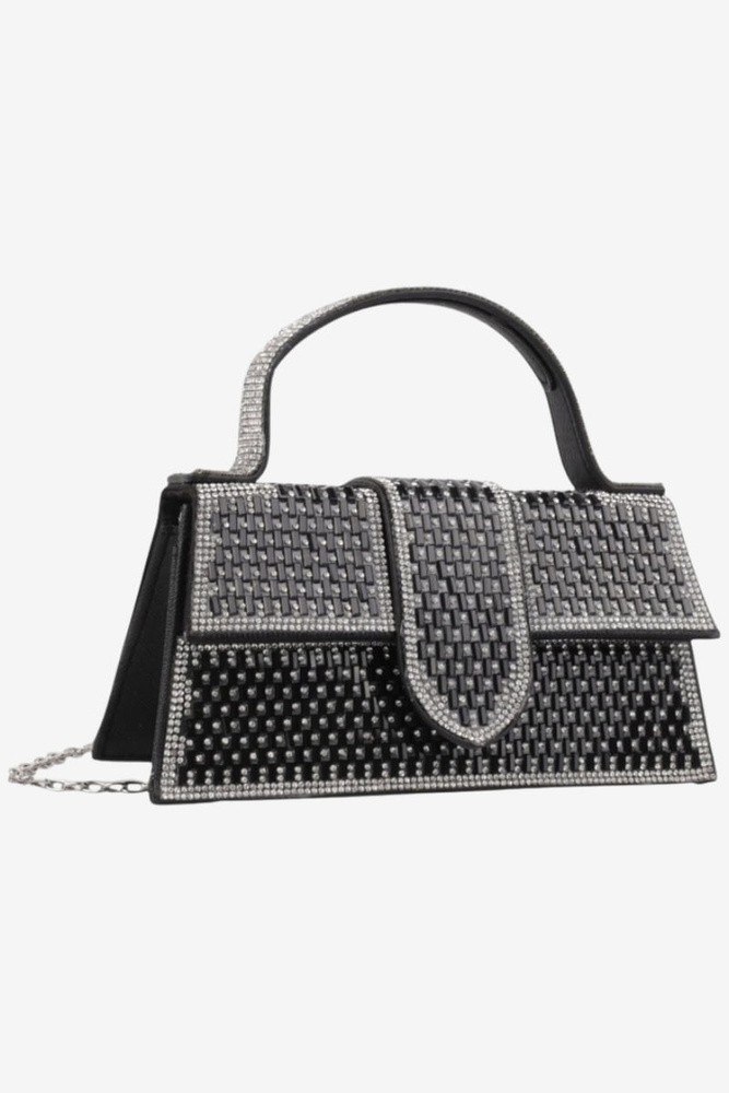 Torebka wizytowa w cyrkonie na zatrzask z łańcuszkiem czarna