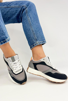 Buty sportowe czarno szare z ekoskóry i materiału sznurowane