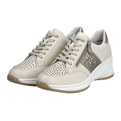 Sneakersy beżowe z suwakiem po boku na koturnie Rieker