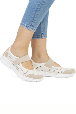 Półbuty damskie na rzep biało beżowe perforowane Rieker