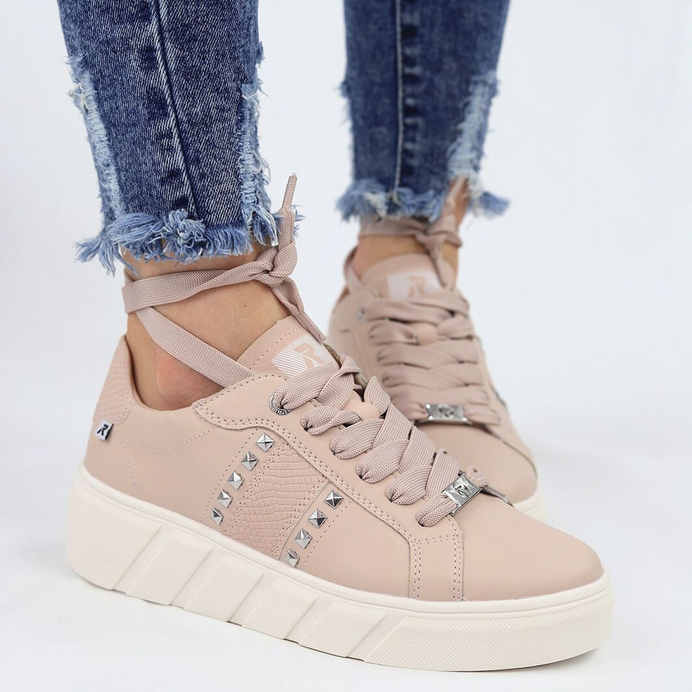 Sneakersy skórzane na platformie różowe Rieker
