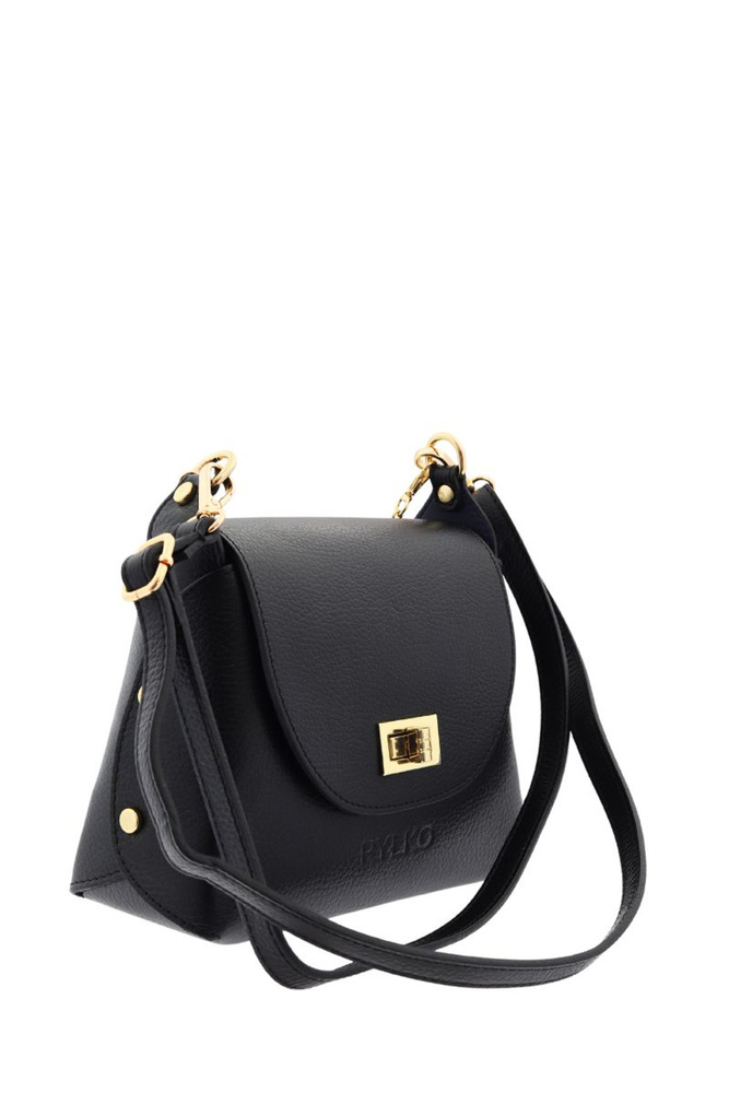 Skórzana torebka czarna ze złotymi okuciami z klapą Ryłko