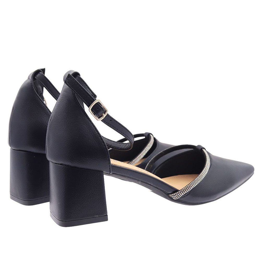 Czarne czółenka damskie na klocku ozdobione cyrkoniami