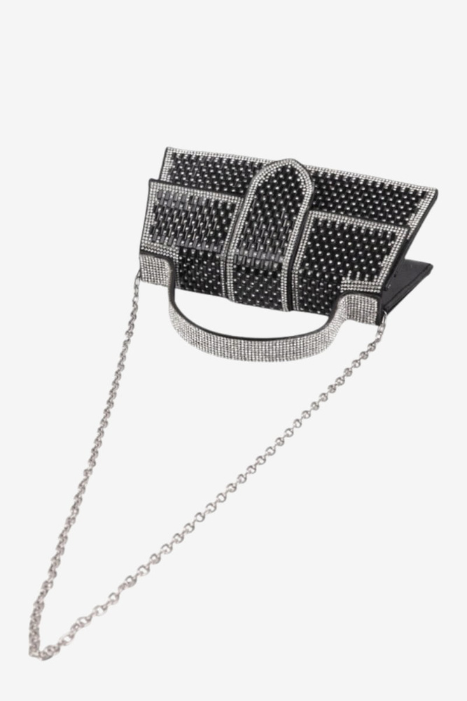 Torebka wizytowa w cyrkonie na zatrzask z łańcuszkiem czarna