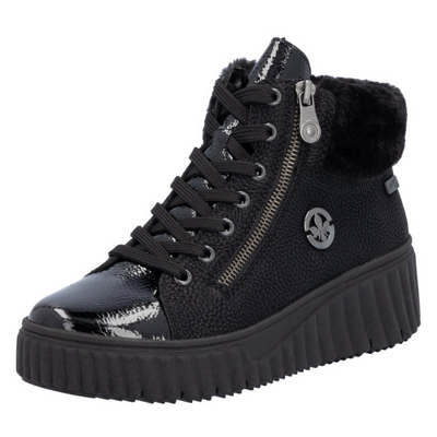 Botki czarne na koturnie z platformą sznurowane Rieker