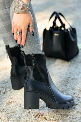 Botki damskie czarne na słupku z ekoskóry i zamszu