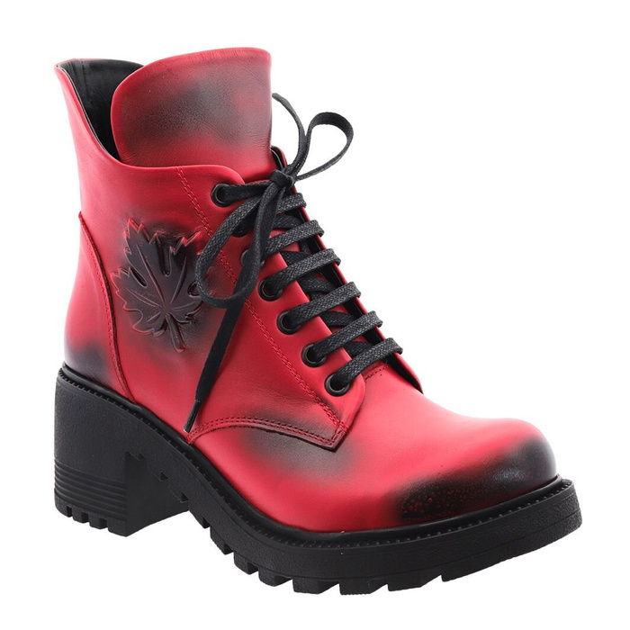 Червоні шкіряні ботильйони з декоративною листочкою на колодці, на шнурівці