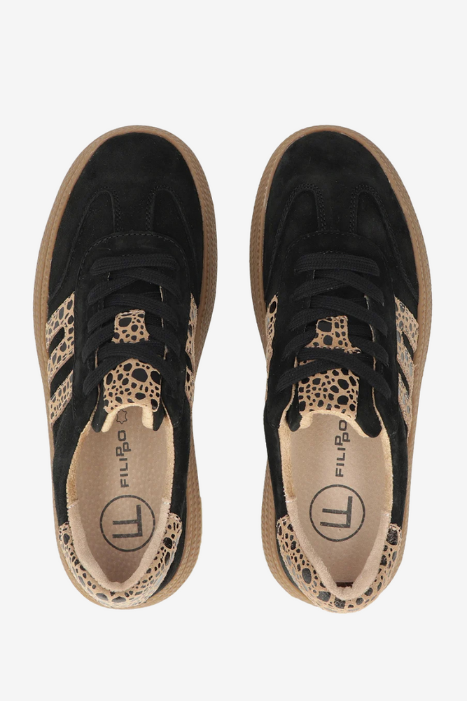 Sneakersy damskie czarne ze skóry zamszowej z panterkowym wzorem Filippo