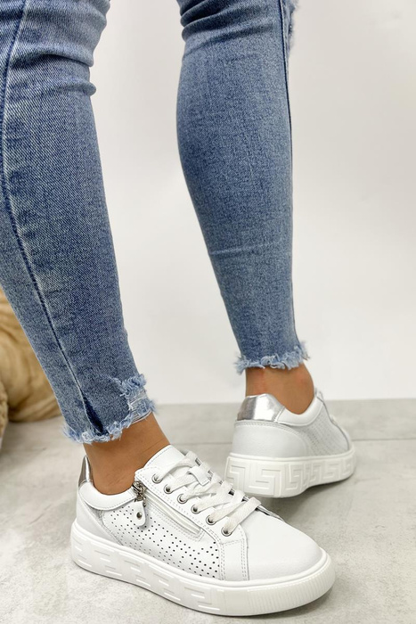 Półbuty sportowe sznurowane z suwakiem na platformie biało-srebrne
