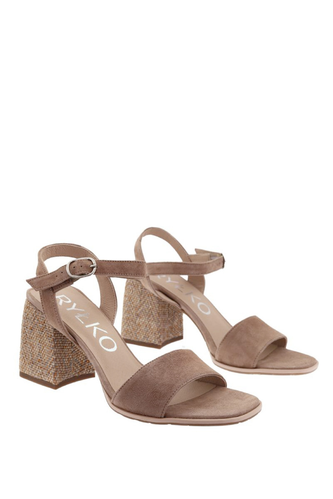 Beżowe sandały skórzane welurowe na klocku Ryłko