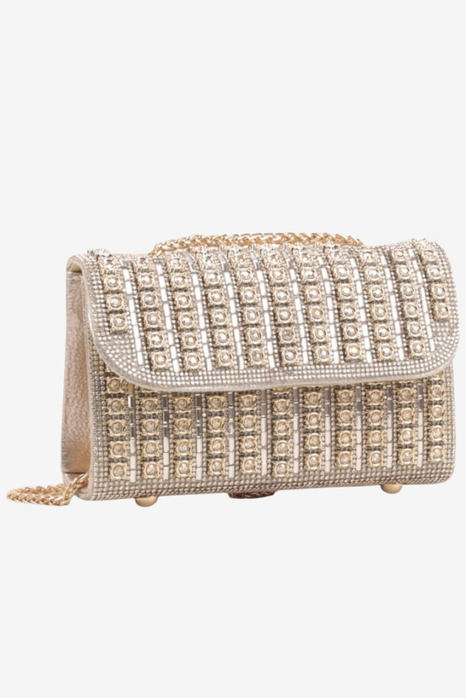 Torebka wizytowa z cyrkoniami usztywniana złota