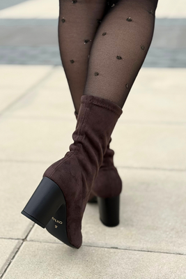 Ryłko botki damskie welurowo skórzane wsuwane na obcasie