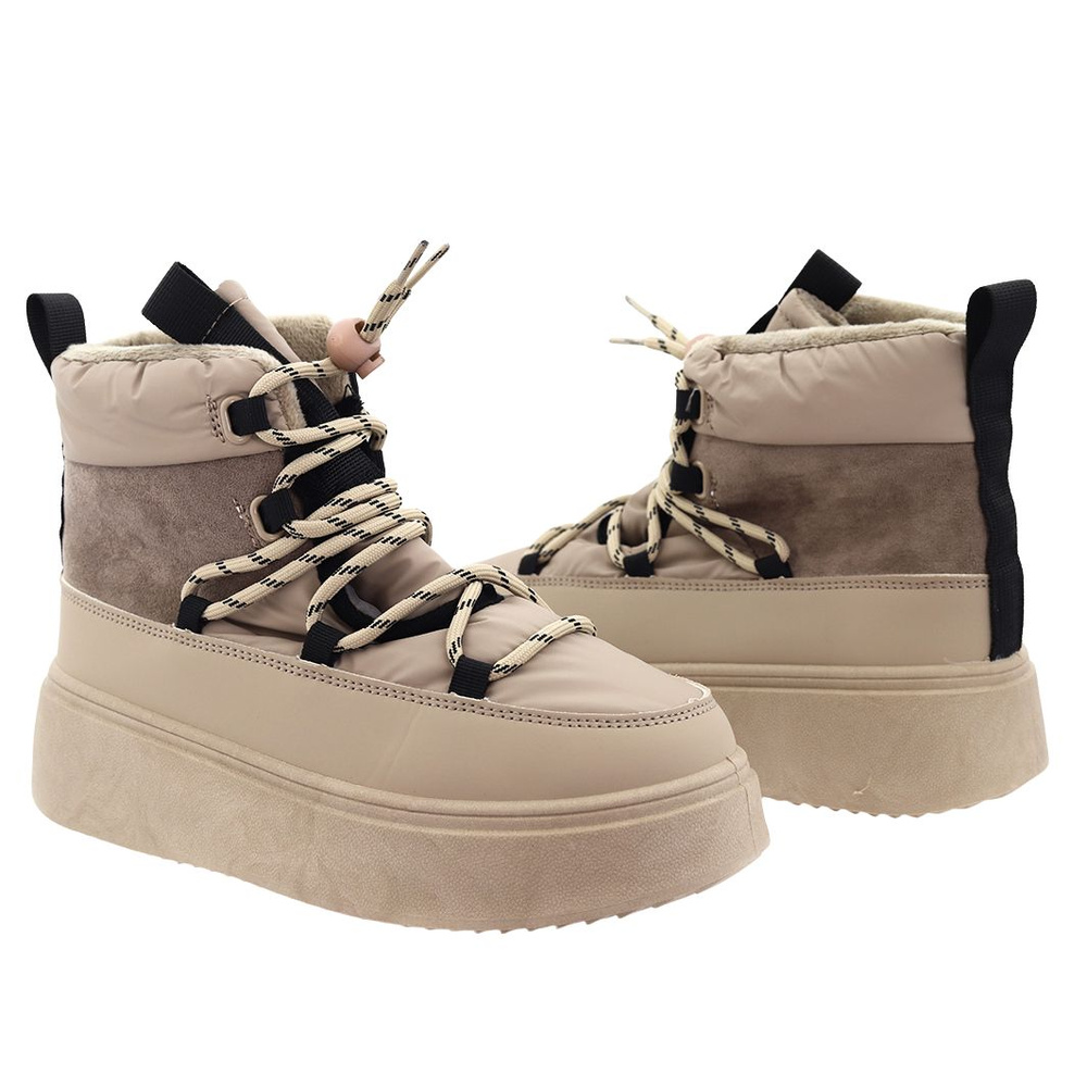 Botki zimowe na grubej platformie sznurowane w kolorze beżowym