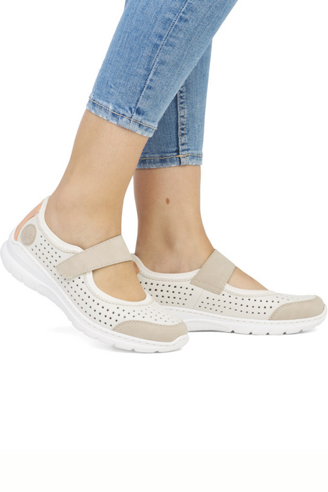 Жіночі біло-бежеві туфлі на липучці Rieker з перфорацією