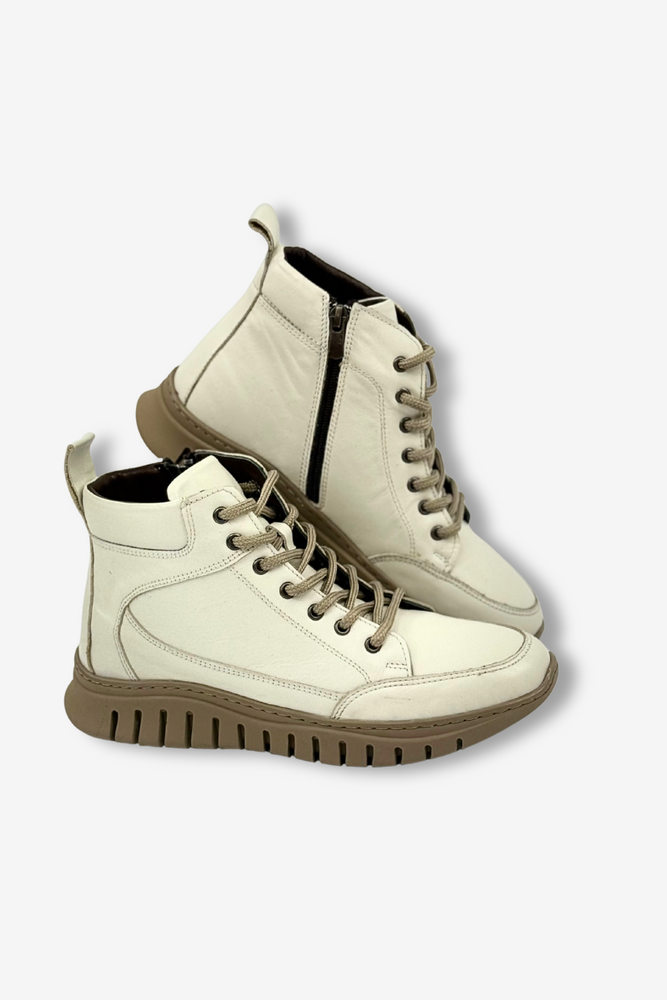 Skórzane botki sportowe ocieplane ecru