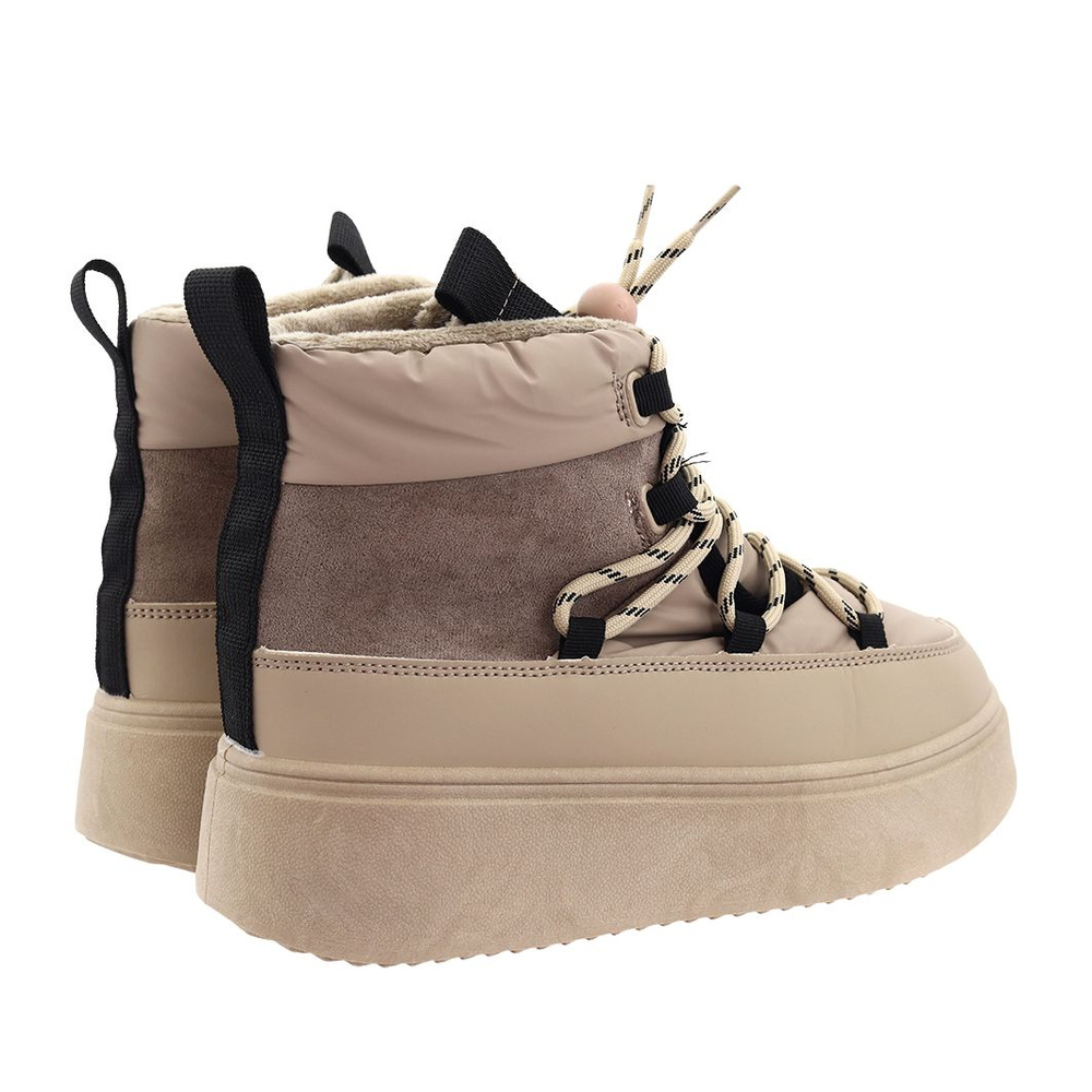 Botki zimowe na grubej platformie sznurowane w kolorze beżowym