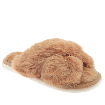 Ciepłe kapcie damskie futerkowe na krzyż w kolorze camel