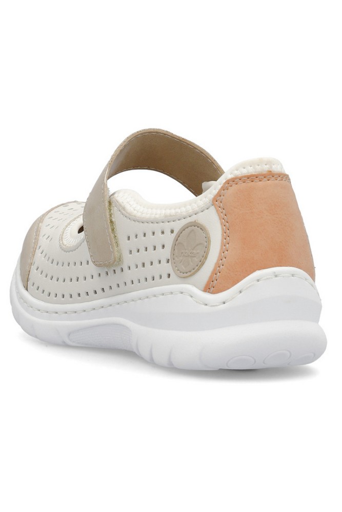 Półbuty damskie na rzep biało beżowe perforowane Rieker