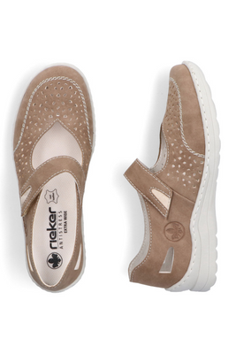 Półbuty damskie beżowe ażurowe na rzep z ekoskóry