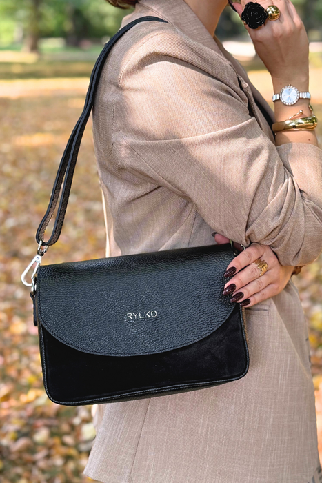 Klasyczna listonoszka z klapą ze skóry i weluru Ryłko