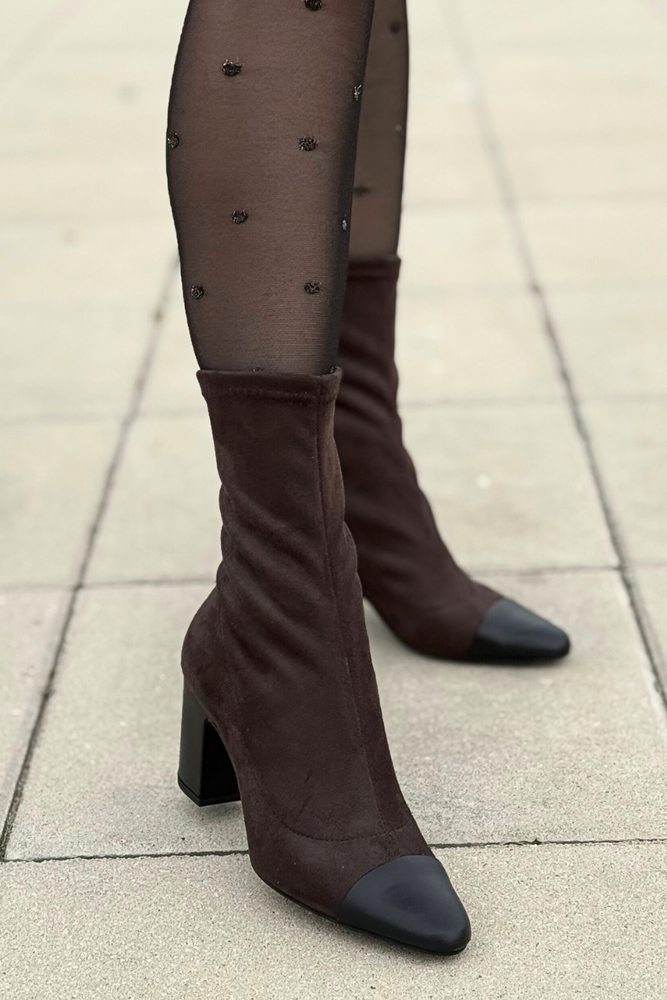 Ryłko botki damskie welurowo skórzane wsuwane na obcasie