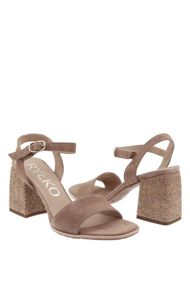 Beżowe sandały skórzane welurowe na klocku Ryłko
