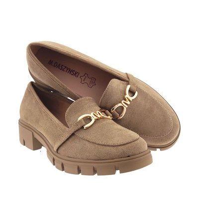 Mokasyny szare ze złotą aplikacją M. Daszyński