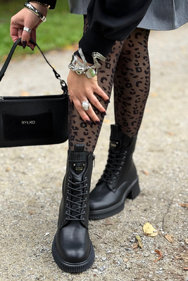 Czarne botki skórzane ocieplane sznurowane z zamkiem