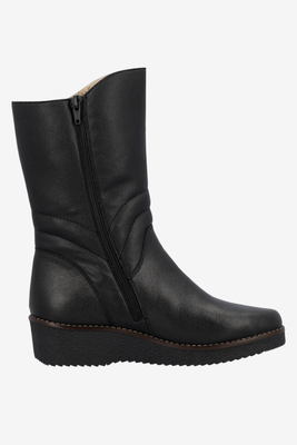 Botki damskie skórzane z wyższym stanem na koturnie czarne 