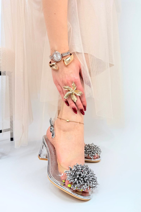 Sandały damskie transparentne z ozdobą srebrne