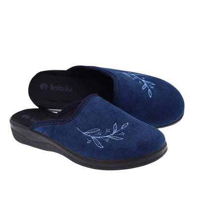Kapcie damskie domowe wsuwane granatowe z haftem Inblu