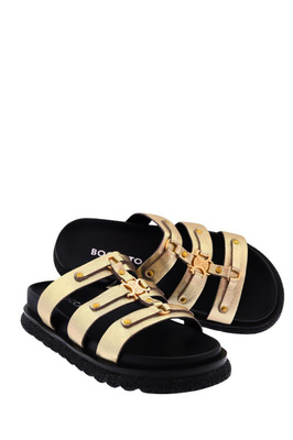 Klapki damskie skórzane złote z paskami