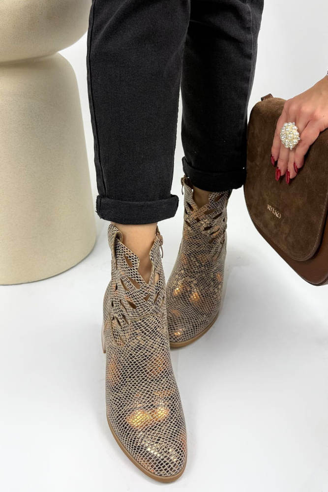 Botki damskie ażurowe złoty wąż na klocku 