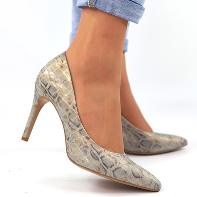 Сірі шкіряні туфлі на високих підборах із зображенням змії Аніс
