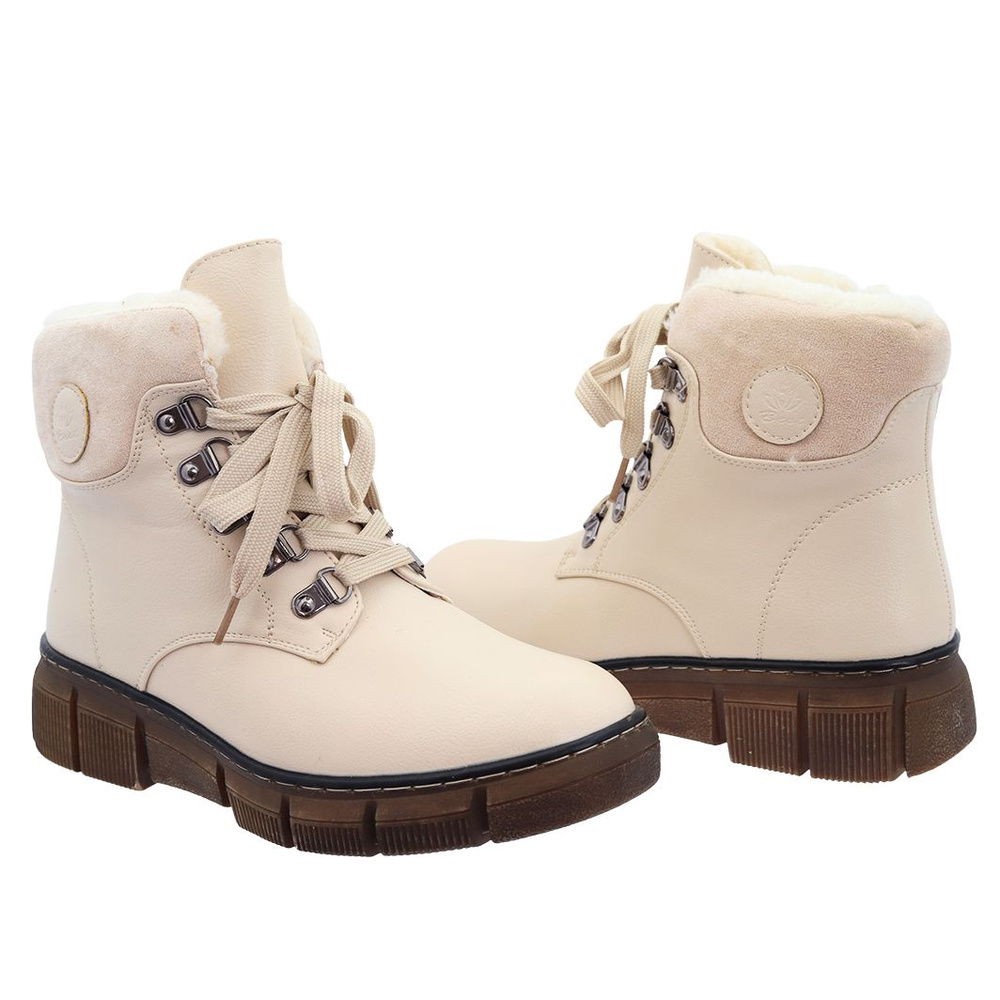 Botki damskie beżowe ocieplane na platformie sznurowane z zamkiem