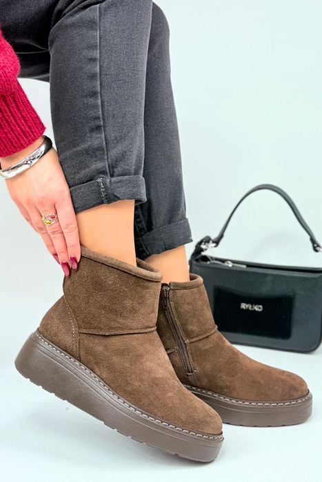 Śniegowce damskie ze skóry welurowej na platformie czekoladowe