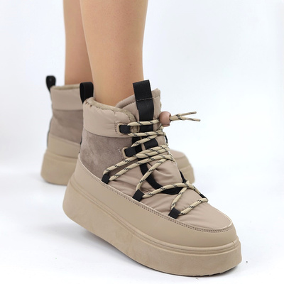 Botki zimowe na grubej platformie sznurowane w kolorze beżowym