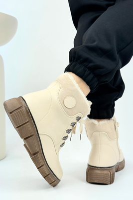 Botki damskie beżowe ocieplane na platformie sznurowane z zamkiem