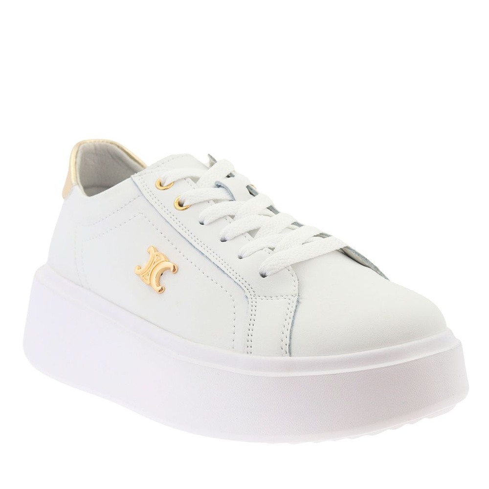 Skórzane białe sneakersy ze złotymi wstawkami na platformie Potocki