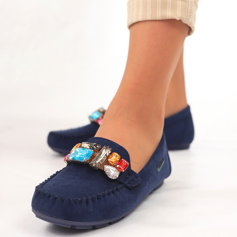 Mokasyny granatowe zamszowe z kryształami Vinceza