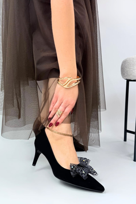 Szpilki skórzane welurowe z odpinaną kokardą czarne