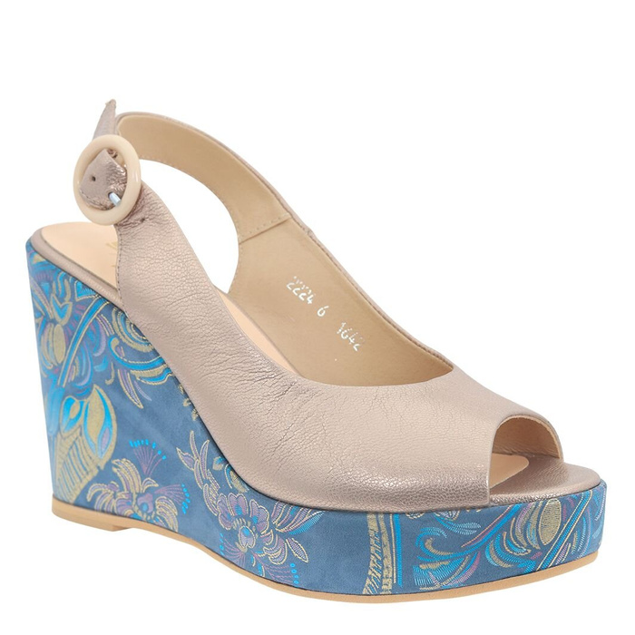 Золоті шкіряні босоніжки на високій синій танкетці Kordel