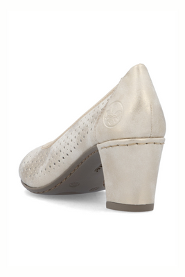 Czółenka beżowe perforowane na klocku Rieker