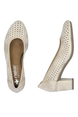 Czółenka beżowe perforowane na klocku Rieker