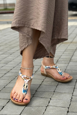 Beżowo niebieskie sandały japonki z ozdobą Artiker